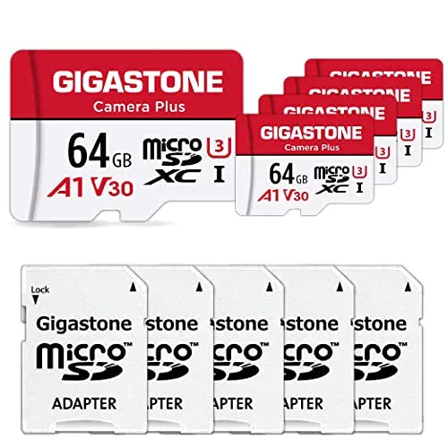 4K 動画録画 Gigastone マイクロsdカード 64GB 5個セット, 4K UHD録画, 5 SDアダプタ付き 5 ミニ収納ケース付き, UHS-I MicroSDXC U3 C10 95MB/S