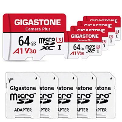 4K 動画録画 Gigastone マイクロsdカード 64GB 5個セット, 4K UHD録画, 5 SDアダプタ付き 5 ミニ収納ケース付き, UHS-I MicroSDXC U3 C10 95MB/S