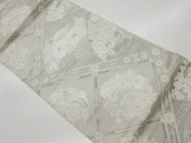 プラチナ箔扇に格天井・花々模様織出し袋帯【リサイクル】【中古】【着】(prc)