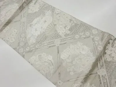 プラチナ箔扇に格天井・花々模様織出し袋帯【リサイクル】【中古】【着】(prc)