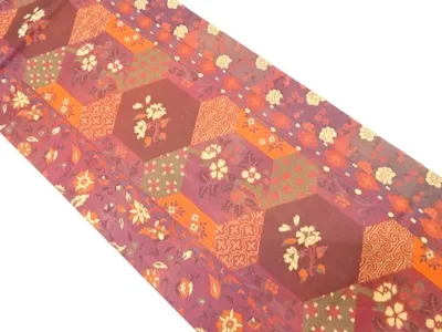 亀甲に花模様織出し袋帯【中古】【着】