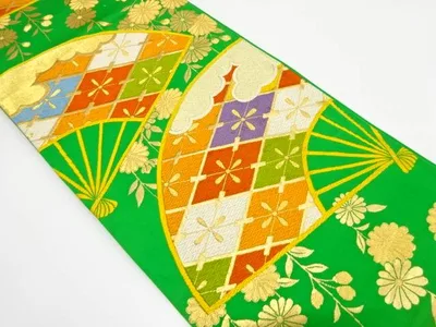 扇に業平菱・枝垂れ花模様織り出し袋帯(着用可)【アンティーク】【中古】【着】