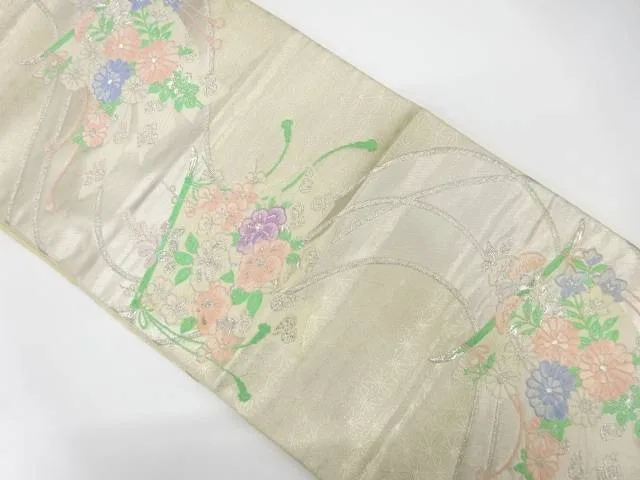 几帳に椿・梅・菊模様織り出し袋帯(材料)【アンティーク】【中古】【着】