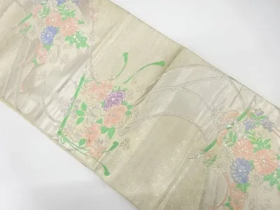 几帳に椿・梅・菊模様織り出し袋帯(材料)【アンティーク】【中古】【着】