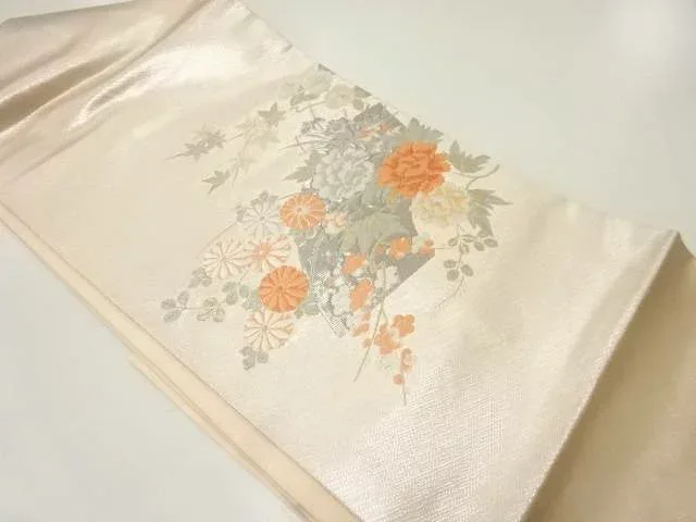 地紙に草花模様織出し名古屋帯【中古】【着】