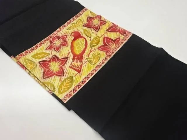 塩瀬金彩抽象鳥に花葉模様名古屋帯【中古】【着】