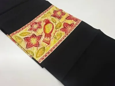 塩瀬金彩抽象鳥に花葉模様名古屋帯【中古】【着】