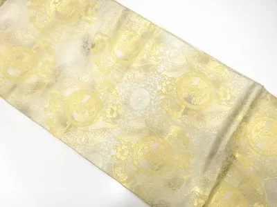 鏡裏に花唐草模様織出し袋帯(材料)【アンティーク】【中古】【着】【袋帯】