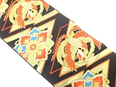 松皮菱に鳳凰・華紋織り出し袋帯(着用可)【アンティーク】【中古】【着】【袋帯】