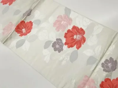 山茶花模様織出し開き名古屋帯(額縁仕立て)【中古】【着】【名古屋帯】