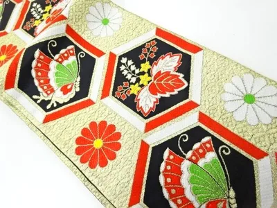 菊桐に蝶模様織出し子供帯(着用可)【アンティーク】【中古】【着】【半幅帯】