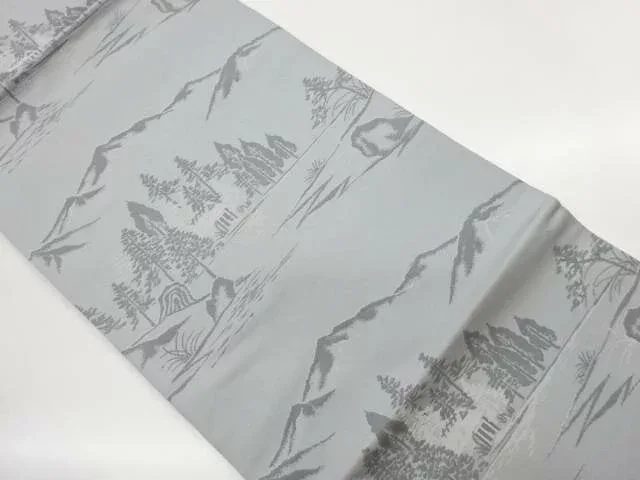 山並みに樹木・民家風景模様織出し名古屋帯【中古】【着】【名古屋帯】