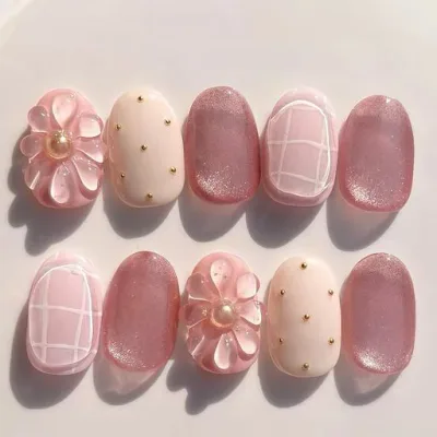 ネイルチップ マグネット ピンクパープル 立体花 春 日系 つけ爪 ニュアンスネイル お花見 デート 卒業式 初心者向け 繰り返し使える 接着グミシール付き サロン級 休日ネイル