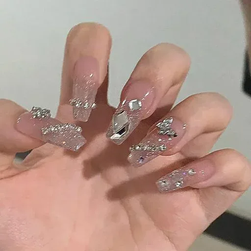 タイプ10 ネイルチップ ロング 付け爪 24枚入 春夏 ネイルシール 3Dネイルチップ 花嫁ネイル 蝶 キラキラ 光沢 つけ爪 長め 入学式 卒業式 結婚式 二次会 パーティー デート DIYネイル 女性 …