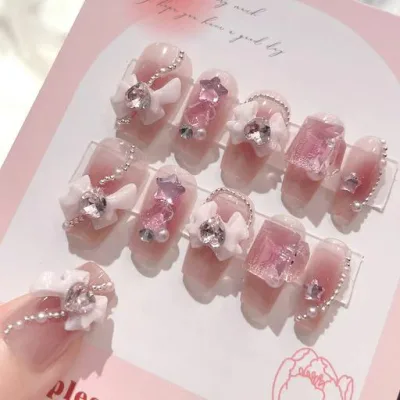 XUZOOネイルチップ 付け爪 かわいい おしゃれ 人気 シンプル 花嫁ネイルチップ 立体 つけ爪 結婚式 クリスタル パール 蝶 花 リボン 3D 短め 長め 手用 ネイルシール つけ爪 ネイルツール 両…