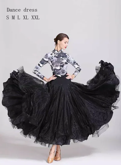 大きい裾 社交ダンス衣装 ワンピース ダンス練習着 競技会 ワルツ ダンス服 競技用 ダンス 舞台演出ロングドレス 演出服 社交ダンス モダンドレス タンゴ ワルツ 舞台 発表会 イベント 演奏会 S M L XL XXL