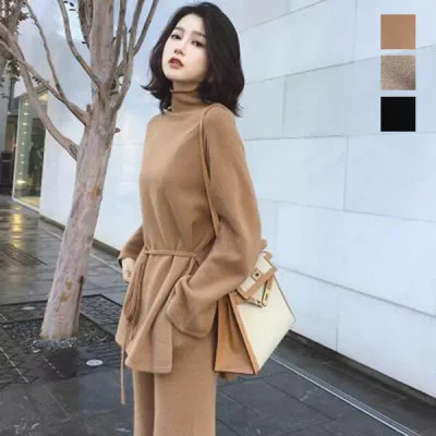 \全店舗5%OFF/ニットセットアップ レディース セーターセットアップ ワイドパンツ ウエストゴム 厚手 秋冬セーター ゆったり 着回し 長袖 ニットセット タートルネック ハイネック セーター 2点セット ニットパンツ プルオーバー サイド
