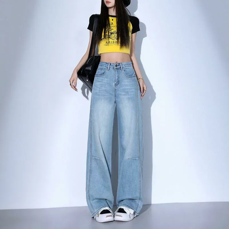 Women's Denim Pants, Cow Pants, Wide Leg Pants, High Waist Pants, Straight Pants, Spring, Lightweight, Stretchable, Cotton Material, Switching Design, Medium Thickness, Long Length, Light Blue, Casual Clothes, Lady Style, Everyday Use, For Commuting, Slim Fit, Leg Lengthening Effect, Fashionable Casual