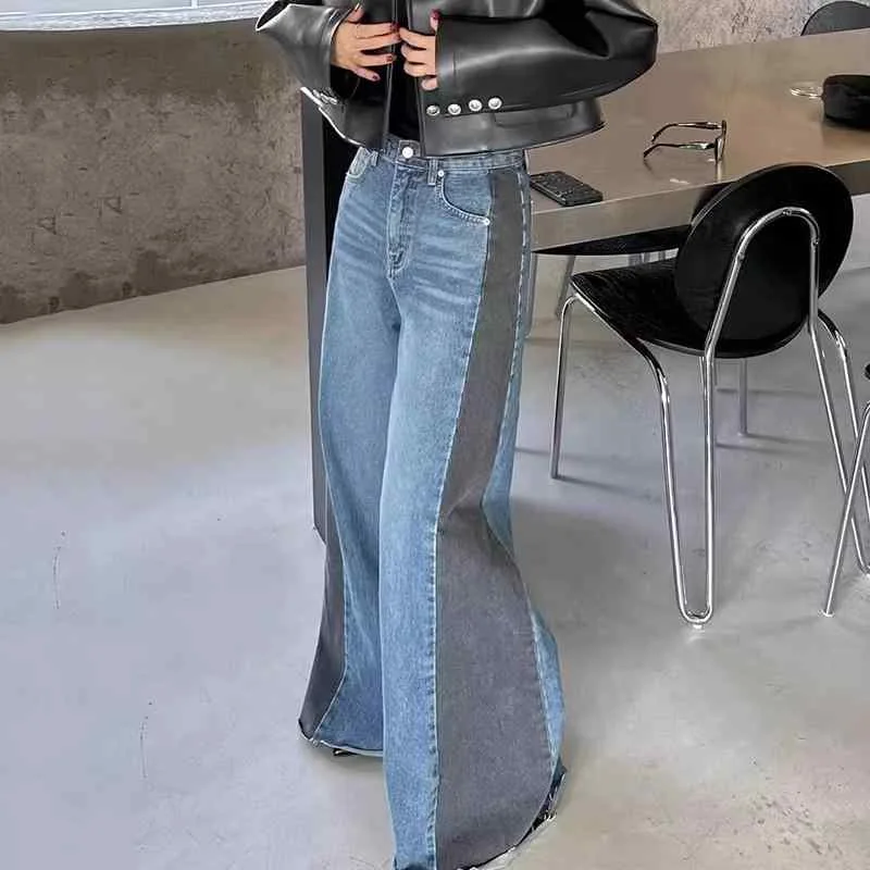 秋冬 女性用 牛仔パンツ ワイドレッグ ハイウエスト ストレート 長丈 復古 韓国風 気質 切り替え デザイン デニム ポリエステル 微弾性 中厚 ブルー 洗い加工 毛羽立ち ボタン 気質優雅 欧米風 ミドル東風 普段使い 通勤 通年 軽量 伸縮性 吸湿
