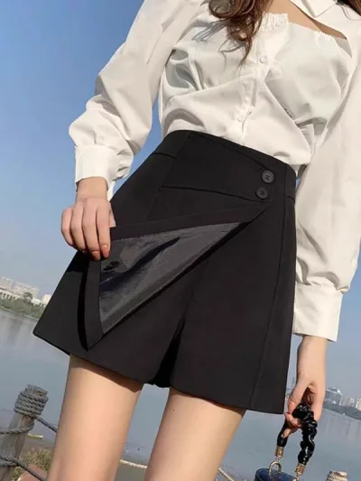 スカートパンツ 女性用 春夏 韓系 カジュアル 高腰 Aライン 熱パンツ スカート ショートパンツ トップス 切り替え デザイン ポリエステル 再生繊維 ミックス 素材 微弾性 軽量 伸縮性 ブラック 黒 カラーバリエーション 普段使い ストリートファッ