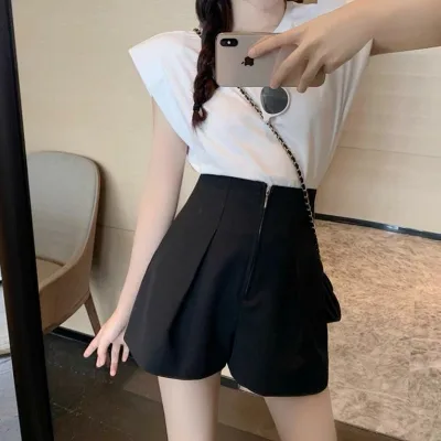 レディース ショートパンツ ワイドレッグ ハイウエスト Aライン スリム効果 夏用 薄手 韓国風 直筒 3分丈 マイクロストレッチ ポリエステル 切り替え ジッパー 快適 普段使い ホワイト ブラック