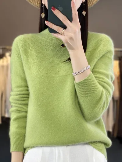 ニット トップス 女性用 秋冬 半高領 長袖 無縫 ゆるシルエット 羊毛 95%以上 接触冷感 吸湿速乾 切り替え デザイン セットアップ 気質 通勤 普段使い 部屋着 伸縮性 高級感 ブラック ピンク系 グリーン系 パープル系 イエロー系 ホワイト ブ