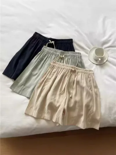 レディース ショートパンツ 夏用 薄手 高腰 ワイドレッグ ゆったり ストレート ポリエステル 微弾性 垂感 スリム効果 直筒 快適 普段使い 杏色 ミントグリーン ネイビー 韓国風 カジュアル