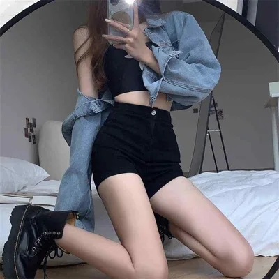 デニム ショートパンツ 女性用 黒 ハイウエスト Aライン 伸縮性 修身 薄手 ポケット付き トレンド ストリート セクシー ポリエステル ポリウレタン 膝上丈 ストレート 弾力 春夏 普段使い 通勤 カジュアル 軽量 吸湿速乾