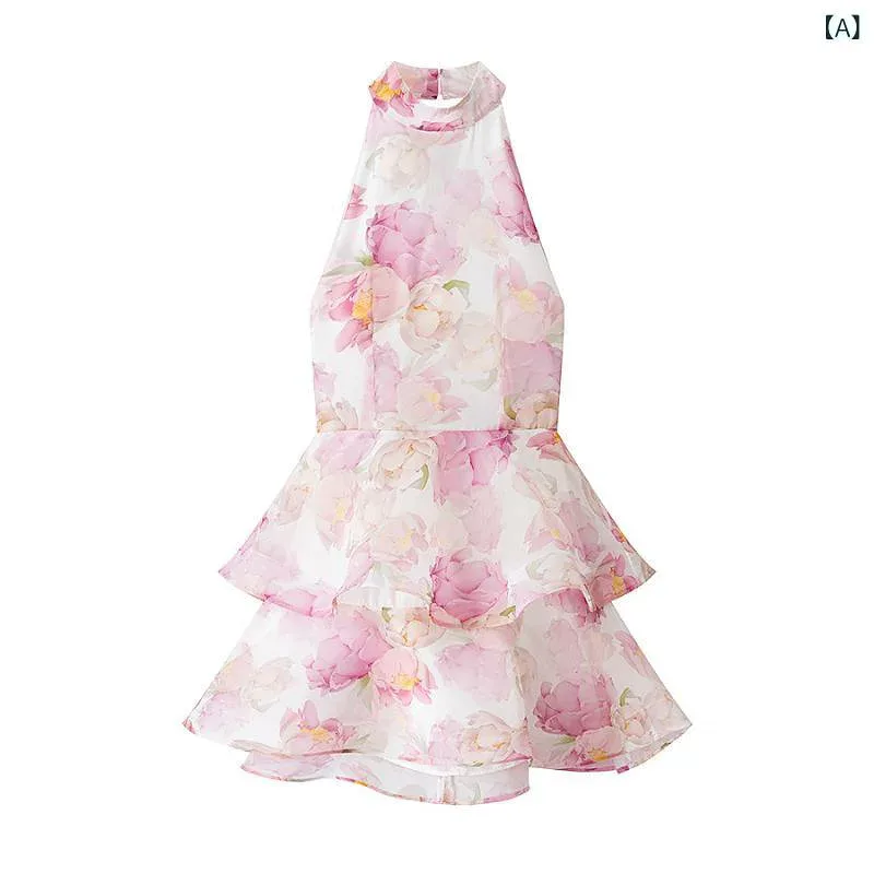 ワンピース レディース 短丈 ハルタネック ノースリーブ 切り替え 花柄 Vネック 花弁スカート プリンセス スタイル ファッション 気品 修身 街頭 潮人 スタイル ポリエステル 混紡 花色 夏 シーズン