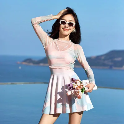 レディース ワンピース水着 韓国風 セクシー スカート付き ビキニセット ビーチ スイムウェア 大きいサイズ 温泉 学生用 長袖 黒 ピンク 速乾 環境配慮 セクシー タイト 胸パッド 無ワイヤー ナイロン80% ポリエステル スパンデックス20g 30