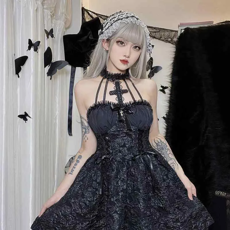 ワンピース レディース 黒 ゴス ハロウィン プリーツ クロス ハルタ 無袖 Vネック 高腰 ポンパドール ミニスカート チュール レース デザイン 露出背中 個性 ストリート ファッション ポリアエステル 繊維 軽量 秋 シーズン
