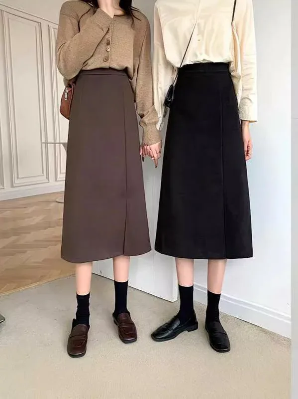 スカート レディース ロング丈 フレア Aライン ハイウエスト 秋物 韓国風 シンプル 無地 美脚 着痩せ 着回し カジュアル 大人 おしゃれ
