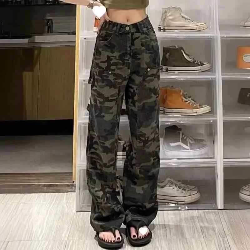 Denim pants for women, khaki, camouflage pattern, wide pants, straight pants, trousers, loose pants, high waist, body shape coverage, casual, stylish, all seasons