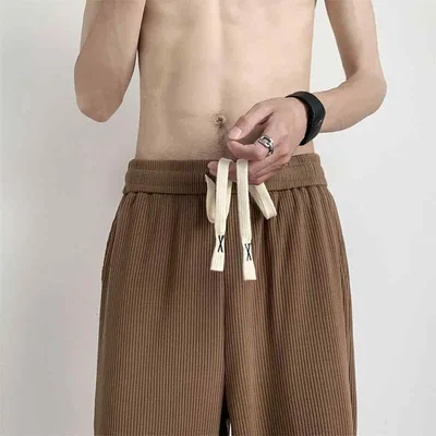 ロングパンツ 男性用 接触冷感 ワイドパンツ ストレート ズボン ブラウン 無地 カジュアル 伸縮性 通気性 春夏 柔らかい 部屋着 リラックス ボトムス ビッグシルエット