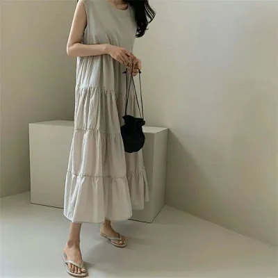 ワンピース レディース 春夏 ノースリーブ ロング丈 切り替え マキシ丈 丸首 クルーネック ゆったり リラックス Aライン ルームウェア 部屋着 普段使い お出かけ 旅行 カジュアル シンプル おしゃれ 無地 体型カバー 着痩せ