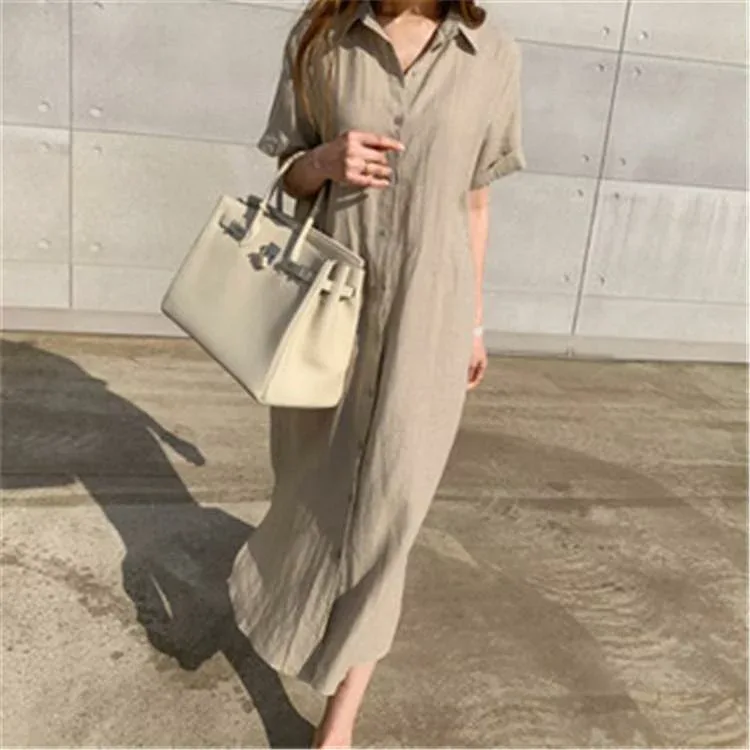 ワンピース レディース 半袖 膝丈 ミモレ丈 夏 aライン 綿麻 コットンリネン 無地 シャツワンピース ウエストマーク ウエストリボン 襟付き ボタン カジュアル 通勤 旅行 お出かけ 体型カバー 涼しい 白 カーキ 黒 フリーサイズ