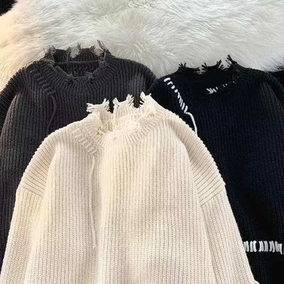 ニット セーター メンズ レディース ユニセックス ゆったり トップス クルーネック ダメージ加工 無地 長袖 プルオーバー カジュアル ストリート 通学 デート お出かけ 春 秋 冬 黒 深灰 ベージュ