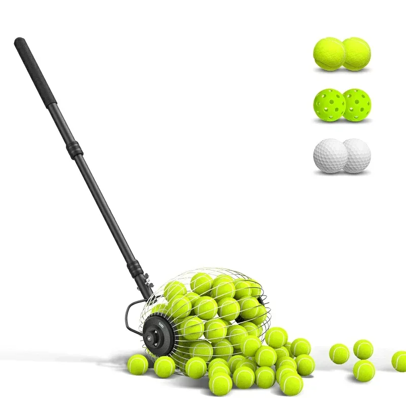 テニスボールホッパー 30-58"/77-148cm 伸縮式 ゴルフボールレトリーバー ピックルボールピッカーアッパー ローリングコレクター バスケットホルダーロール 最大40個テニスボール用 トレーニングアク機器 TB01S