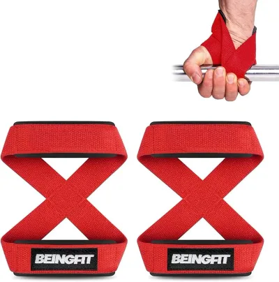 Beingfit リストストラップ 8の字ストラップ 手首 筋トレ ウェイトリフティング ジムトレーニング用 – 男女兼用 リストラップ リフティングストラップ チンニング グリップ デッドリフト (レッド, L)