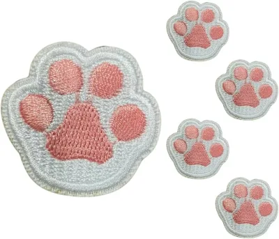ワッペン シールタイプ 小さめ 刺繍 猫 肉球 足あとモチーフ 5枚セット 全14種 アップリケ (K.ホワイトxライトピンク, 約3.3x3.3cm)