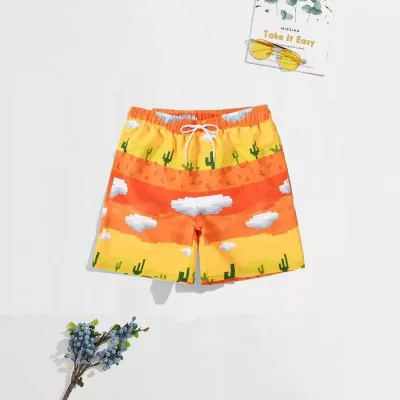 ハーフパンツ メンズ 半ズボン ボトムス 男性 紳士 普段使い ビーチ 海 プール リゾート 旅行 レジャー アウトドア カジュアル 3D プリント 柄 白雲 夕日 砂漠 網眼布 ポリエステル 微ス