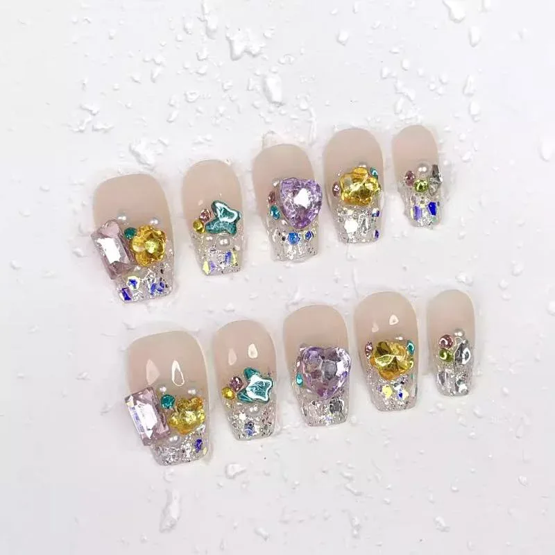 シルバーネイルチップ レディース つけ爪 ネイルアート ハンドメイド キャンディソーダ キラキラ グリッター ラインストーン 高級感 ジェルネイル ロング ハート 蝶 バタフライ 付け爪 ネイルパーツ かわいい おしゃれ 普段使い デート パーテ