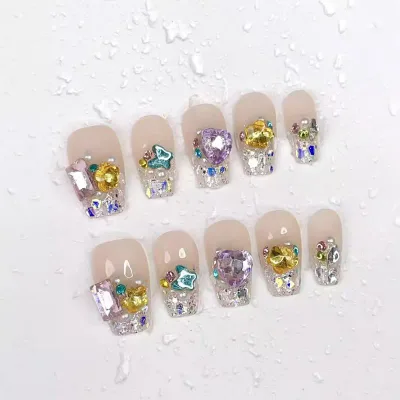 シルバーネイルチップ レディース つけ爪 ネイルアート ハンドメイド キャンディソーダ キラキラ グリッター ラインストーン 高級感 ジェルネイル ロング ハート 蝶 バタフライ 付け爪 ネイルパーツ かわいい おしゃれ 普段使い デート パーテ