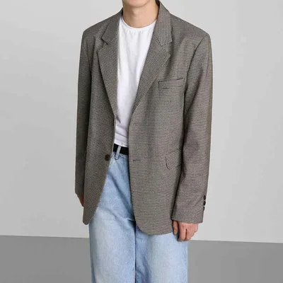 テーラードジャケット メンズ 紳士服 アウター カジュアルスーツ ブレザー チェック柄 ゆったり 春秋 長袖 ノッチドラペル シングル ボタン センターベント パッチポケット グレー ビッグシルエット 上着 通勤 通学 普段使い ビジネス カジュアル お