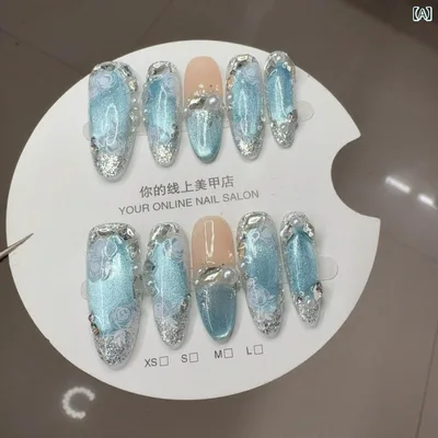ネイルチップ レディース つけ爪 ハンドメイド オーバル型 青 シースルー フレンチ キャッツアイ マグネット キラキラ ストーン ラグジュアリー 高級感 華やか 普段使い デイリー お出かけ かわいい おしゃれ パーティー 結婚式 成人式 デート トレ