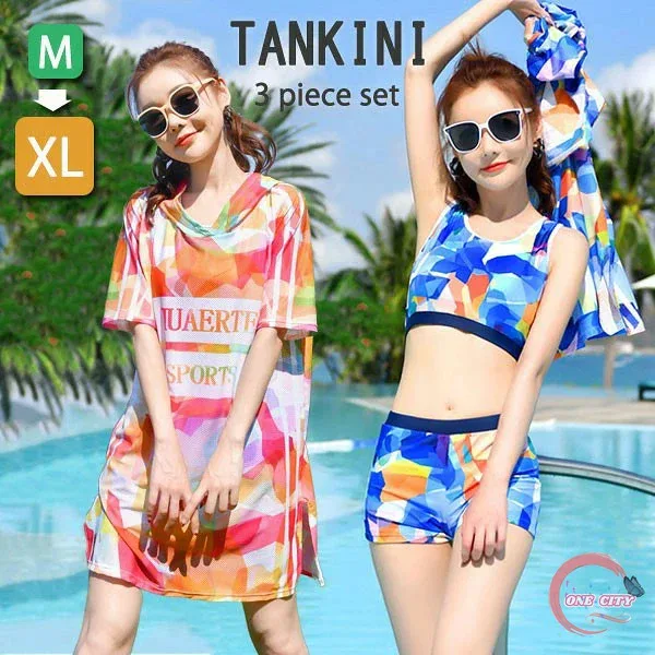 【限定500円OFF】タンキニ 水着 L-5XL レディース 高校生 スポーツブラ ショートパンツ ビキニ ハイウエスト ボーイレグ フードTシャツワンピース ミニ丈 ワイヤーなし パッド付 文字柄 体型カバー セパレート 海 プール リゾート おしゃれ ぽっちゃり 韓国風 大人 df143x1