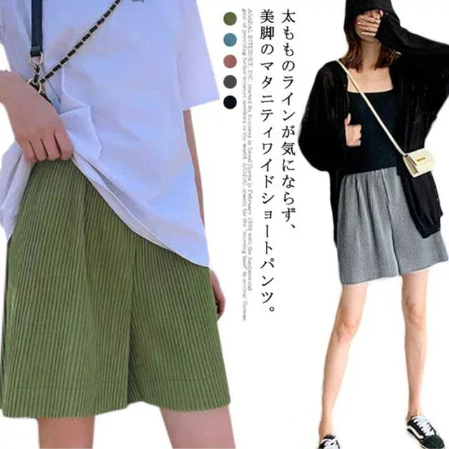 全5色×6サイズ マタニティパンツ ショートパンツ プリーツ加工 マタニティウエア ワイドパンツ ルームウエア 部屋着 大きいサイズ リラックスパンツ 春夏