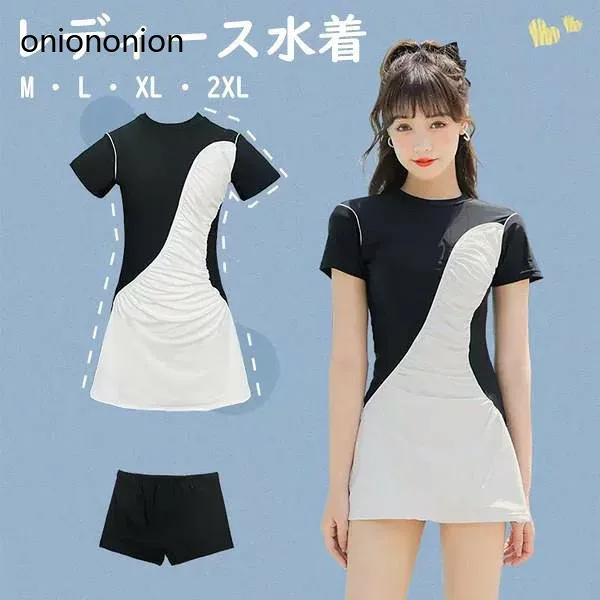 ワンピース水着 服みたいな 水着 2点セット 半袖 シンプル ワイヤーなし パッド付 レディース 着せ シンプル セクシー 写真映え 撮影用 海 夏 サマー プール リゾート かわいい オシャレ 旅行 温泉 大人 女性用 ジュニア 学生 女の子 ブラック df369m4m4x1
