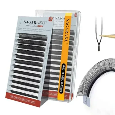 NAGARAKU まつげエクステンシュン U型マツエク 4Dラッシュ 0.07mm Dカール 長さ8-15mmMix 黒 12列 ナチュラル 軽量 極細