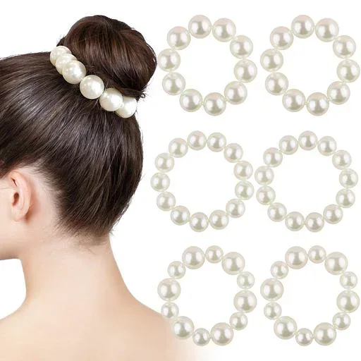 パール付きヘアゴム 6本セット, シンプルデザイン, クリスタル装飾, レディース ヘアアクセサリー, オフィス・通勤用